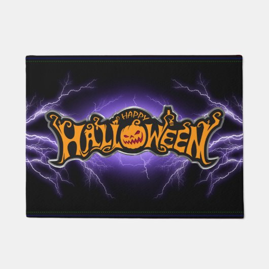 ハッピーハロウィン ルビーの目のかぼちゃ 紫の稲妻 ドアマット (正面)