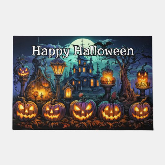 ハッピーハロウィン | 不気味な光るパンプキン ドアマット (正面)
