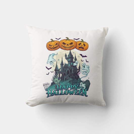 ハッピーハロウィン 幽霊のお城 カボチャ オバケ_1 クッション (正面)