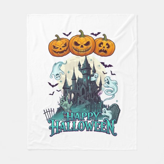 ハッピーハロウィン 幽霊のお城 カボチャ オバケ_1 フリースブランケット (正面)