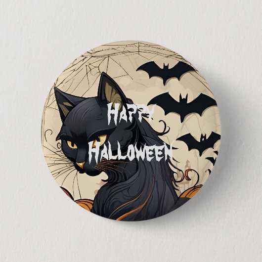ハッピーハロウィン 怖い猫 缶バッジ (正面)