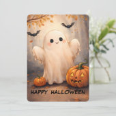 ハッピーハロウィン！愛らしい友好的なお化けとカボチャ 招待状 (スタンド正面)