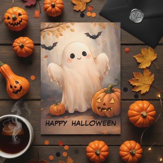 ハッピーハロウィン！愛らしい友好的なお化けとカボチャ 招待状