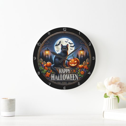 ハッピーハロウィン 猫 かぼちゃ 満月 ラージ壁時計 (ホーム)