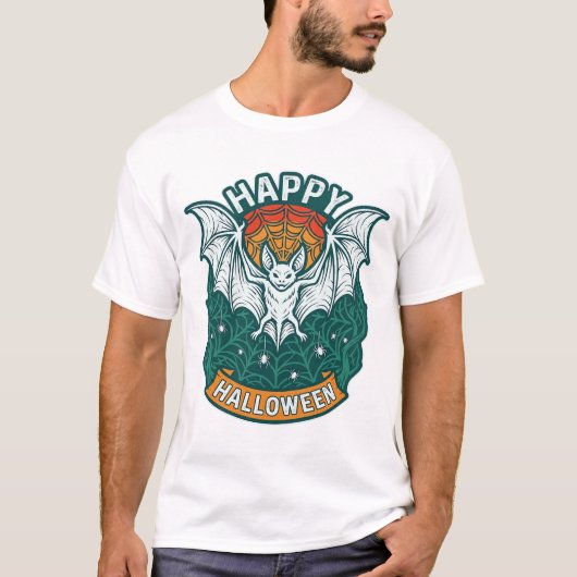 ハッピーハロウィン 白いコウモリ クモの巣 クモ_1 Tシャツ (正面)