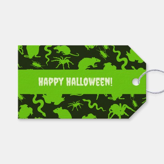 ハッピーハロウィン!緑の怖い虫たちパターン ギフトタグ (正面(横))