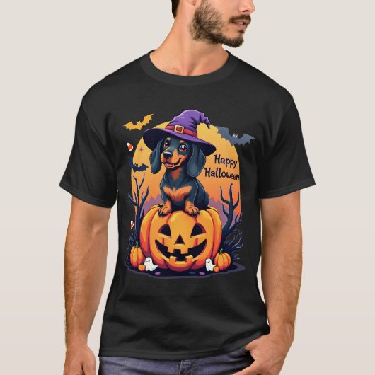 ハッピーハロウィン 魔女の帽子の可愛いダックスフント Tシャツ (正面)