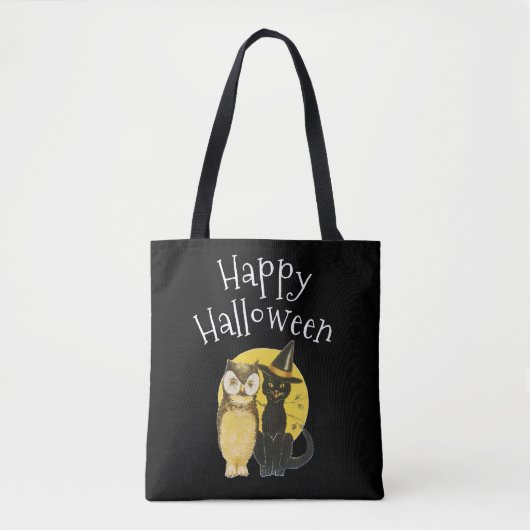 ハッピーハロウィン 黒猫とフクロウ トートバッグ (正面)