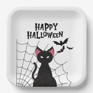 ハッピーハロウィン 黒猫 クモの巣 コウモリ サービング ペーパープレート