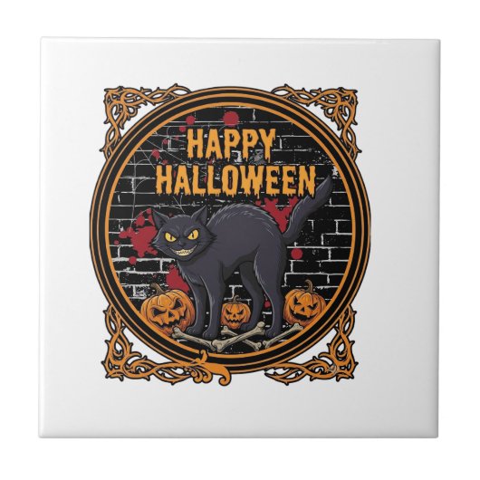 ハッピーハロウィン 黒猫 パンプキン 骨_1 タイル (正面)