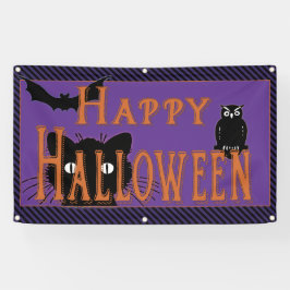 ハッピーハロウィン 黒猫、フクロウ、コウモリ 横断幕
