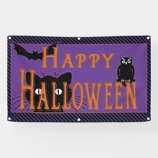 ハッピーハロウィン 黒猫、フクロウ、コウモリ 横断幕 (横)