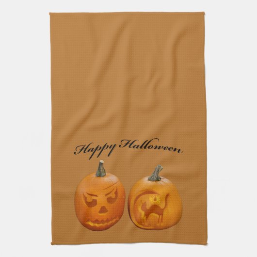 ハッピーハロウィン 2つのカボチャ キッチンタオル (縦)