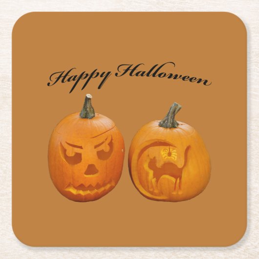 ハッピーハロウィン 2つのカボチャ スクエアペーパーコースター (正面)