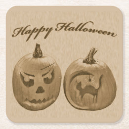 ハッピーハロウィン 2つのカボチャ スクエアペーパーコースター