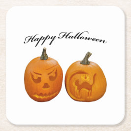 ハッピーハロウィン 2つのカボチャ スクエアペーパーコースター