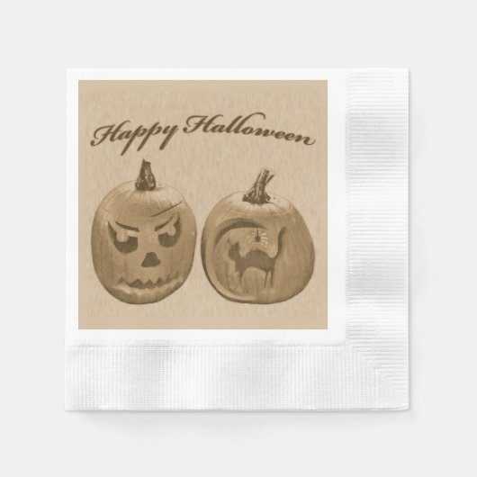 ハッピーハロウィン 2つのカボチャ 縁ありカクテルナプキン (正面)