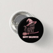 ハッピーハロウィン Pinkoween ビンテージ 黒猫の魔女 缶バッジ (正面&裏面)