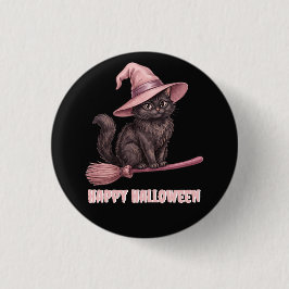 ハッピーハロウィン Pinkoween ビンテージ 黒猫の魔女 缶バッジ