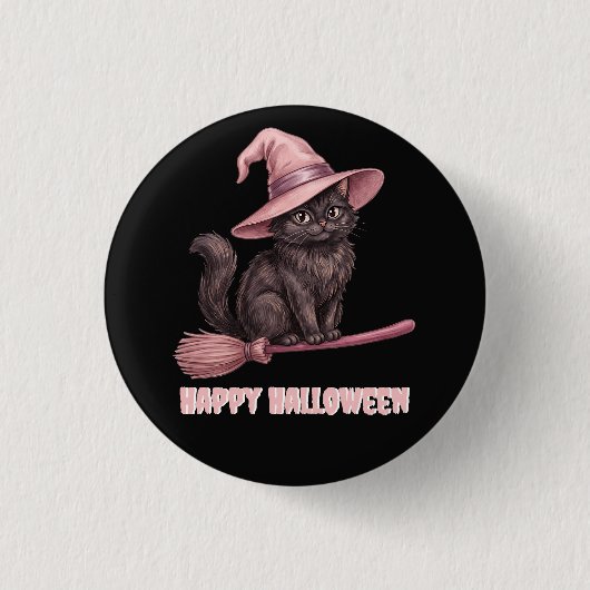 ハッピーハロウィン Pinkoween ビンテージ 黒猫の魔女 缶バッジ (正面)