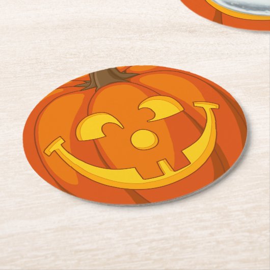 ハッピーハロウィーンのカボチャのちょうちんハロウィおっちょこちょいのーンカンプキン顔 ラウンドペーパーコースター (アングル)