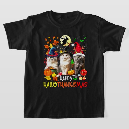 ハッピーハロサンキューマス猫 Tシャツ (レイダウン)