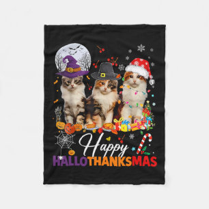 ハッピーハロサンクサスかわいい猫ハロウィンサンクスギフ フリースブランケット