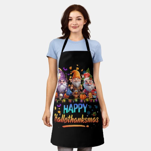 ハッピーハロサンクサス格言ハロウィンサンクスギビング エプロン (着用した状態)
