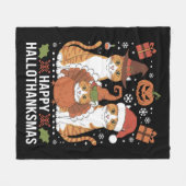 ハッピーハロサンクサス猫ハロウィンクリスマス フリースブランケット (正面(横))