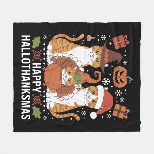 ハッピーハロサンクサス猫ハロウィンクリスマス フリースブランケット (正面(横))