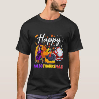 ハッピーハロサンクサス面白いハロウィンサンクスギビング Tシャツ