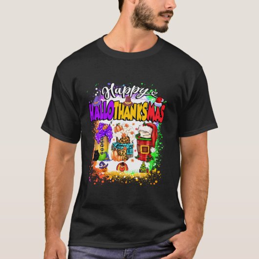 ハッピーハロサンクサムガラスハロウィンサンクスギビング Tシャツ (正面)