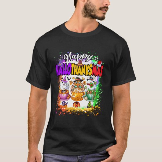 ハッピーハロサンクサムガラスハロウィンサンクスギビング Tシャツ (正面)