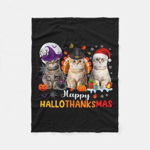 ハッピーハロサンクサムキャッツ猫ハロウィンサンクスギビングC フリースブランケット