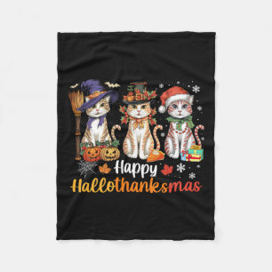 ハッピーハロサンクサムキャッツ猫ハロウィンサンクスギビングC フリースブランケット