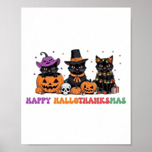 ハッピーハロサンクサムキャッツ猫ハロウィンサンクスギビングC ポスター (正面)