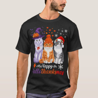 ハッピーハロサンクサムキャッツ猫ハロウィンサンクスギビングC Tシャツ