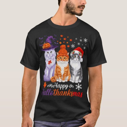 ハッピーハロサンクサムキャッツ猫ハロウィンサンクスギビングC Tシャツ (正面)
