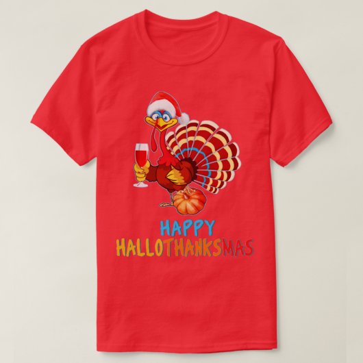 ハッピーハロサンクサムハロウィンサンクスギビングクリスマス Tシャツ (デザイン正面)