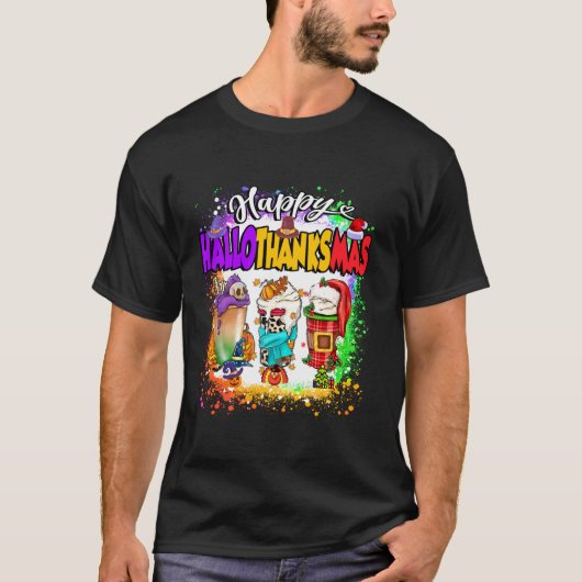 ハッピーハロサンクスパンプキンスパイスラテハロウィーン Tシャツ (正面)