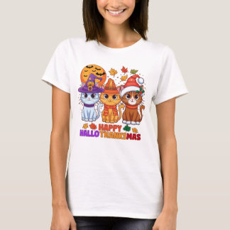 ハッピーハロサンクスマスキャッツTシャツカワイホリディティー Tシャツ