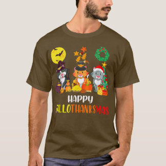 ハッピーハロサンクスマスキャットハロウィンクリスマス感謝してい Tシャツ