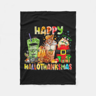 ハッピーハロサンクスマスコーヒーハロウィンサンクスギビング フリースブランケット