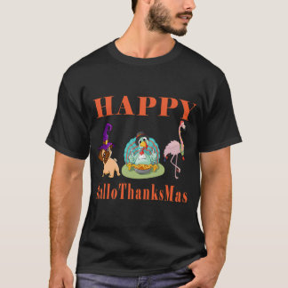 ハッピーハロサンクスマスパグウィッチターキーパイフラミンゴ Tシャツ