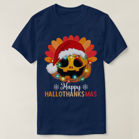 ハッピーハロサンクスマスパンプキンとクリスマスライト&サ Tシャツ (デザイン正面)