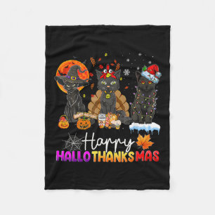 ハッピーハロサンクスマスブラックキャットハロウィンサンクスギフ フリースブランケット