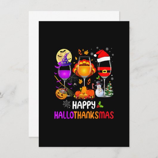ハッピーハロサンクスマスワイングラス感謝していハロウィン 招待状 (正面/裏面)