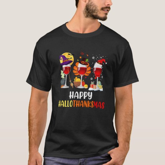 ハッピーハロサンクスマスワイングラス Tシャツ (正面)