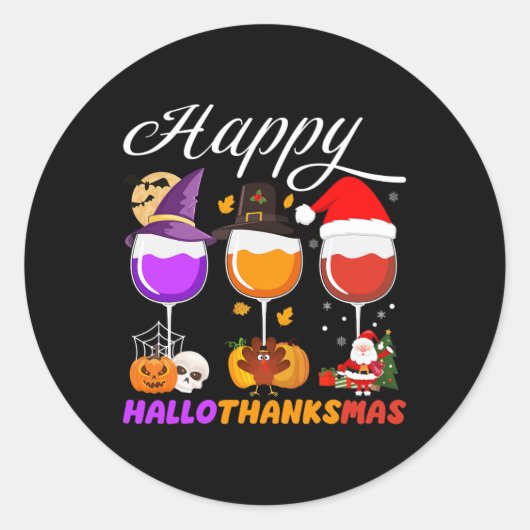 ハッピーハロサンクスマスワイングラスHalloween Thanksgi ラウンドシール (正面)