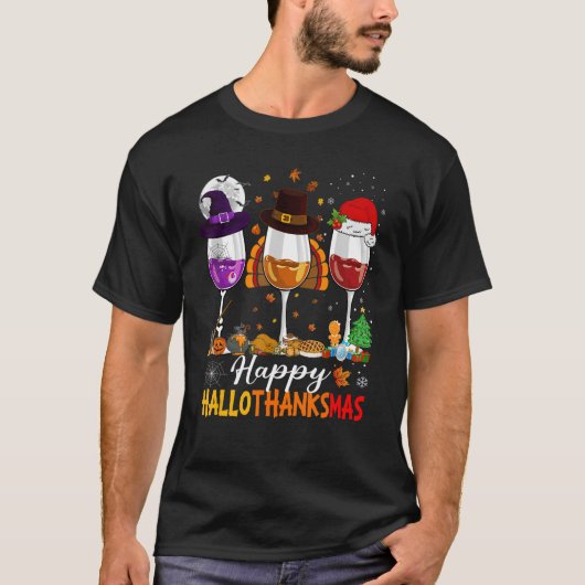 ハッピーハロサンクスマスワイングラスHalloween Thanksgi Tシャツ (正面)